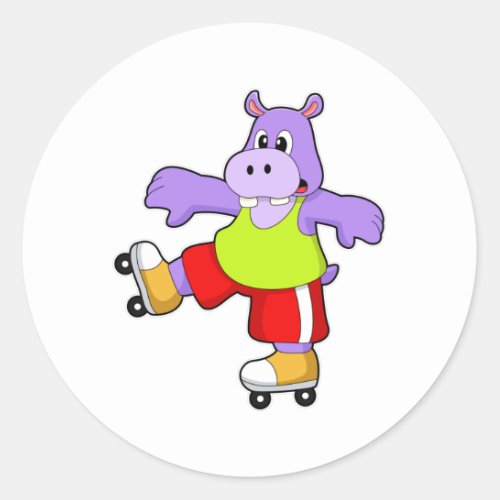 Hippo as Skater with Inline skates Classic Round Sticker