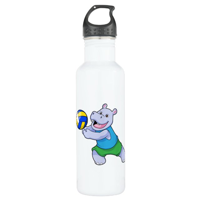Hippo as Volleyball player with Volleyball Stainless Steel Water Bottle (Front)
