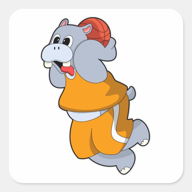 Hippo at Basketball Sports Square Sticker (Front)