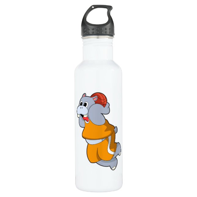 Hippo at Basketball Sports Stainless Steel Water Bottle (Front)