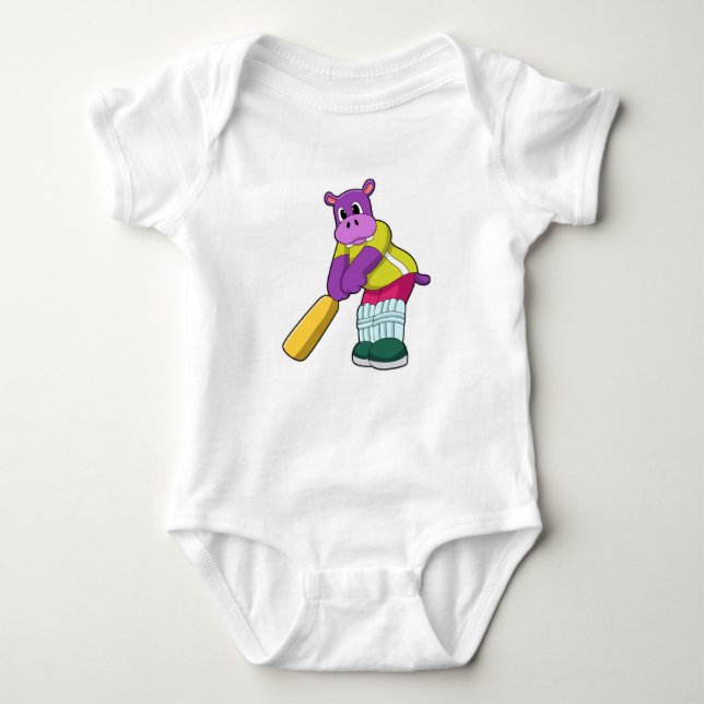 Hippo at Cricket with Cricket bat Baby Bodysuit (Front)