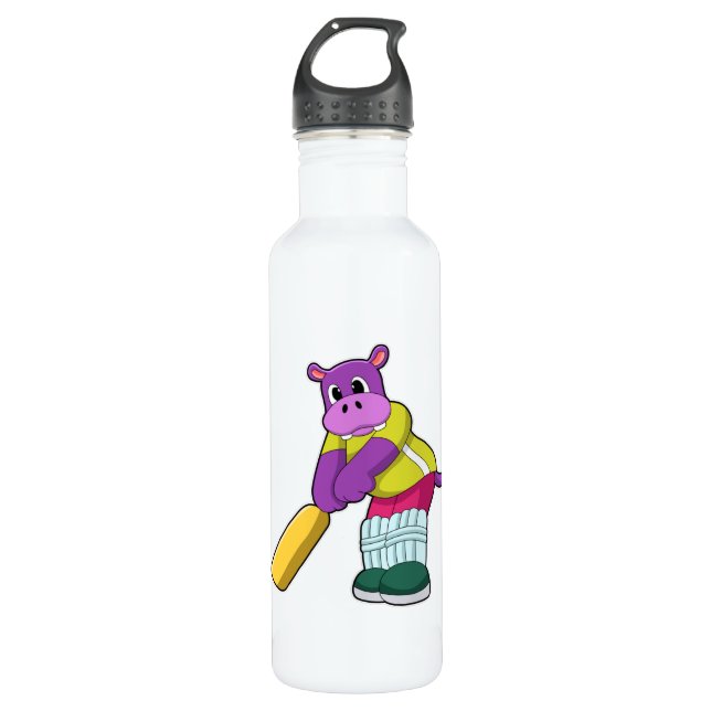 Hippo at Cricket with Cricket bat Stainless Steel Water Bottle (Front)