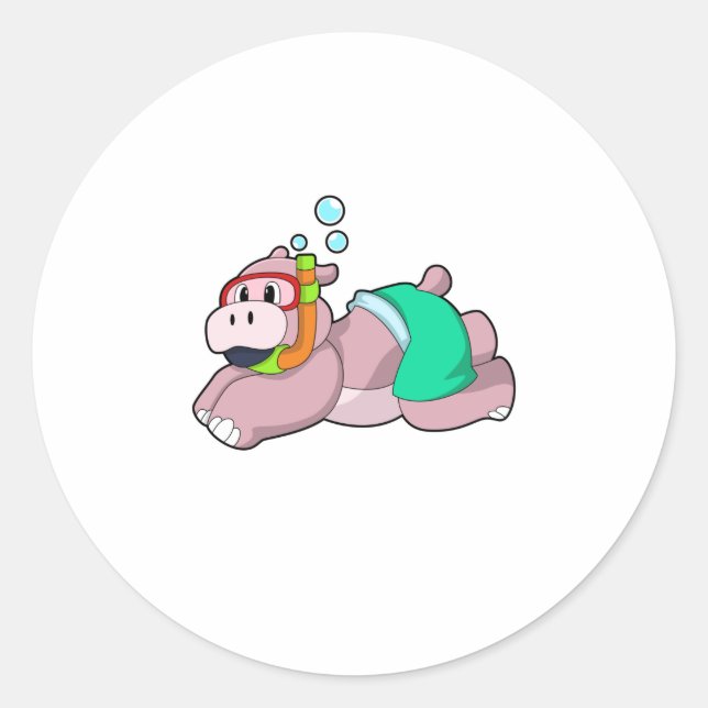 Hippo at Diving with Snorkel Classic Round Sticker (Front)