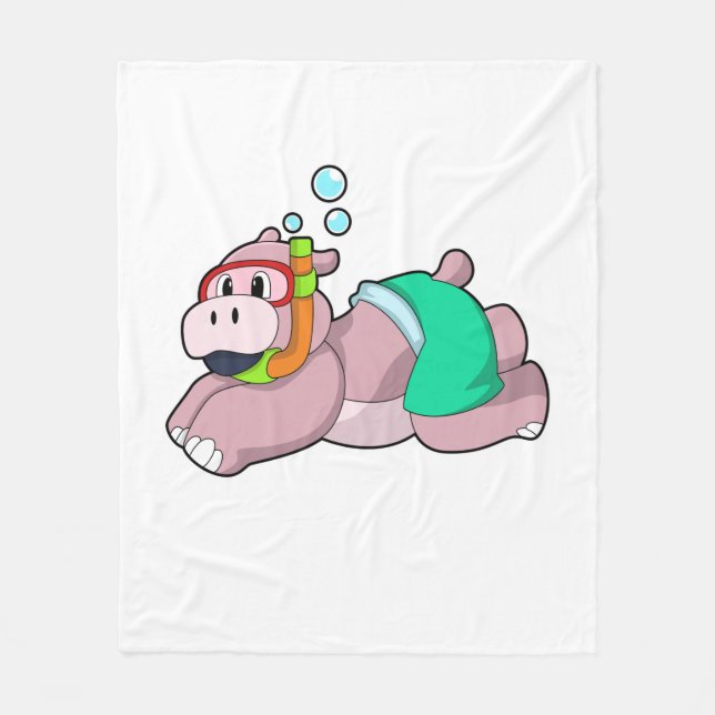 Hippo at Diving with Snorkel Fleece Blanket (Front)