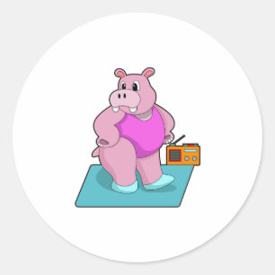 Hippo at Fitness with Radio.PNG Classic Round Sticker