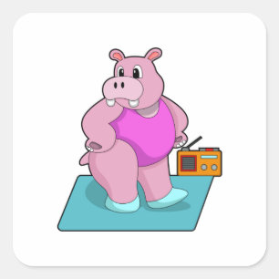 Hippo at Fitness with Radio.PNG Square Sticker
