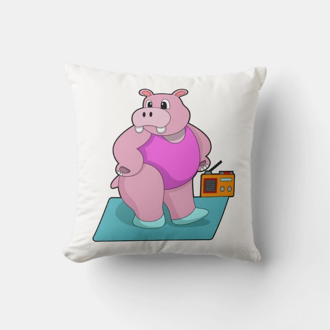Hippo at Fitness with Radio.PNG Throw Pillow (Front)