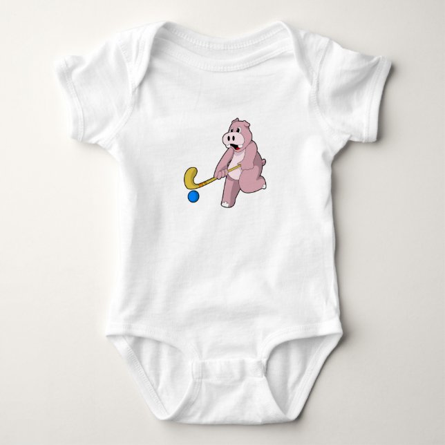 Hippo at Hockey with Hockey bat Baby Bodysuit (Front)
