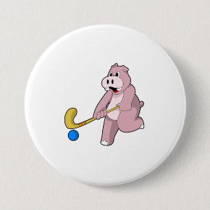Hippo at Hockey with Hockey bat Button