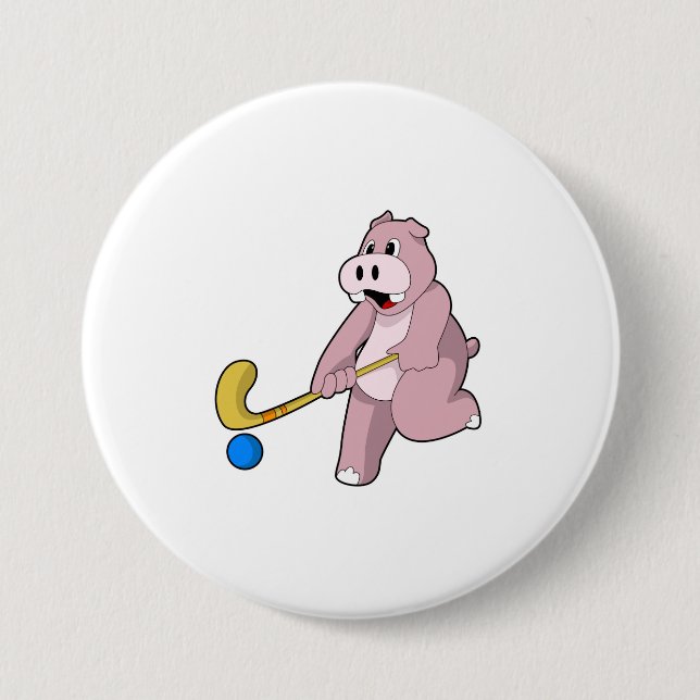 Hippo at Hockey with Hockey bat Button (Front)