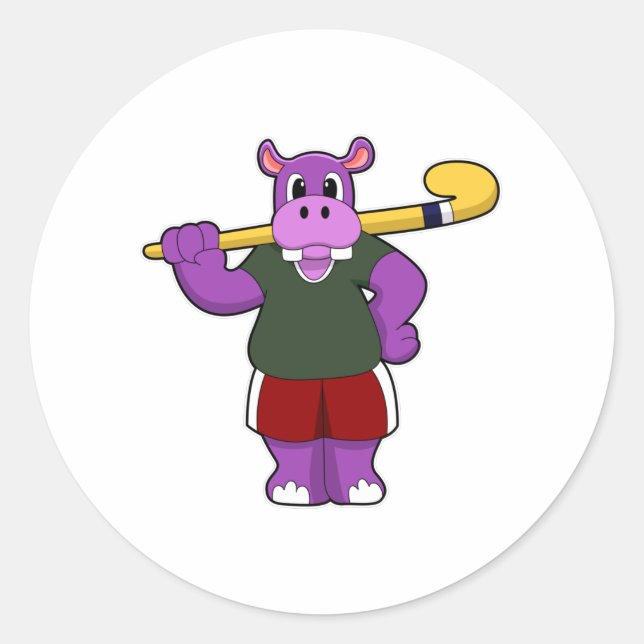 Hippo at Hockey with Hockey bat Classic Round Sticker (Front)