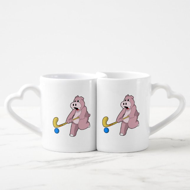 Hippo at Hockey with Hockey bat Coffee Mug Set (Front Nesting)