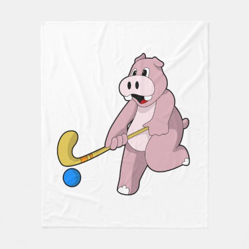 Hippo at Hockey with Hockey bat Fleece Blanket