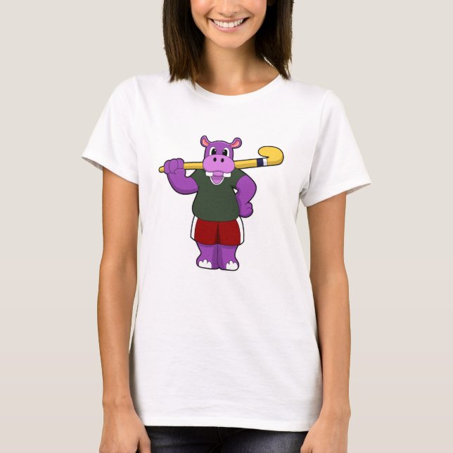 Hippo at Hockey with Hockey bat T-Shirt (Front)