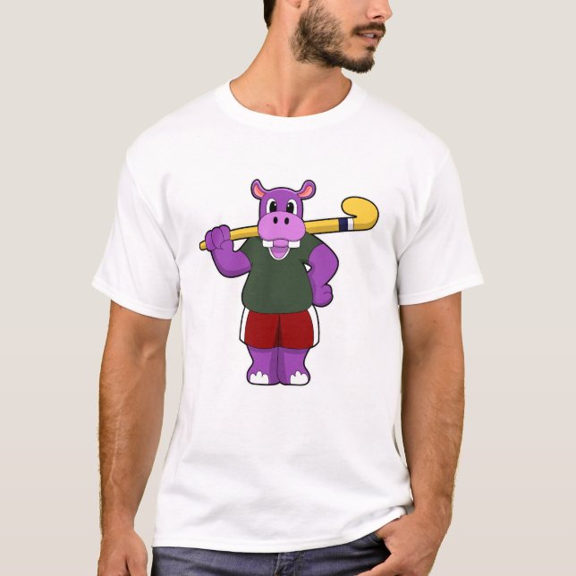 Hippo at Hockey with Hockey bat T-Shirt (Front)