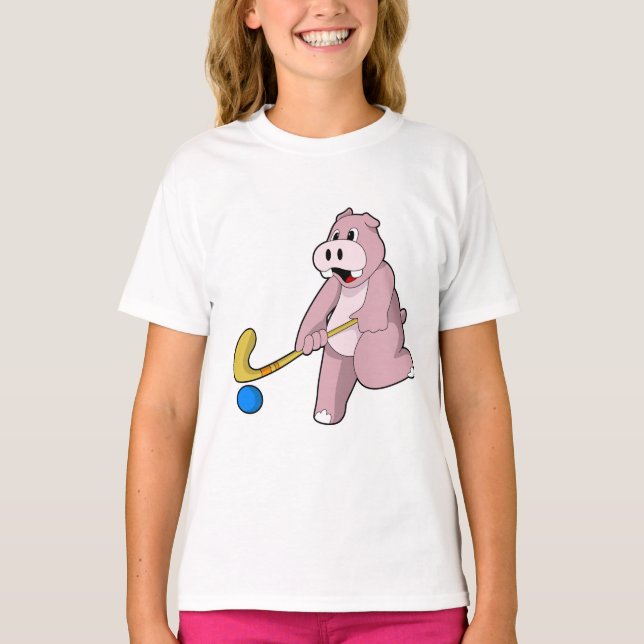 Hippo at Hockey with Hockey bat T-Shirt (Front)