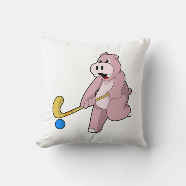 Hippo at Hockey with Hockey bat Throw Pillow (Front)
