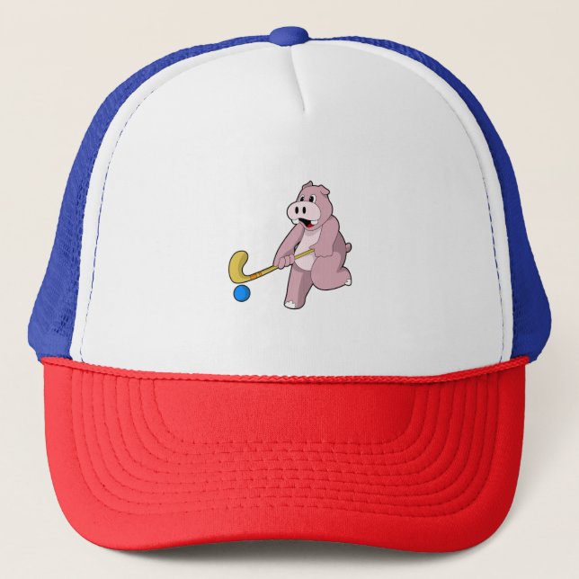 Hippo at Hockey with Hockey bat Trucker Hat (Front)