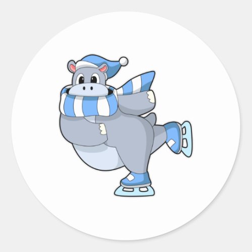 Hippo at Ice skating with Ice skates Classic Round Sticker