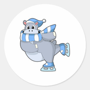 Hippo at Ice skating with Ice skates Classic Round Sticker