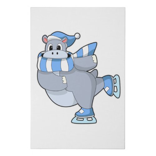 Hippo at Ice skating with Ice skates Faux Canvas Print