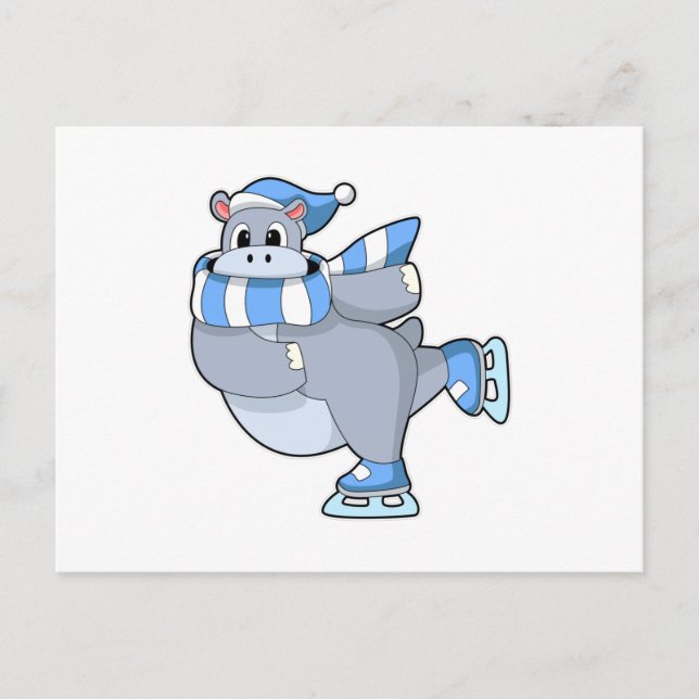 Hippo at Ice skating with Ice skates Postcard (Front)