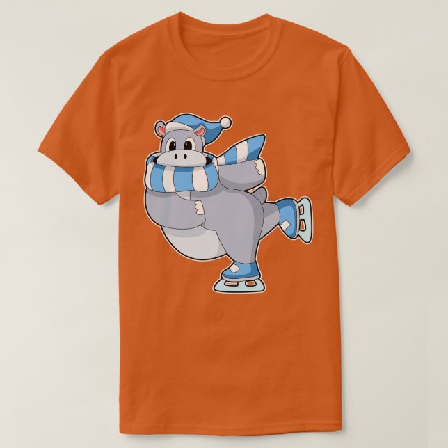 Hippo At Ice Skating With Ice Skates  T-Shirt (Design Front)