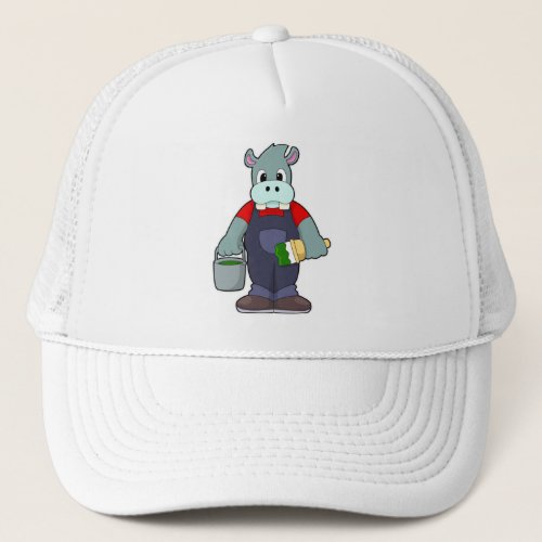 Hippo at Painting with Bucket of Paint  Brush Trucker Hat