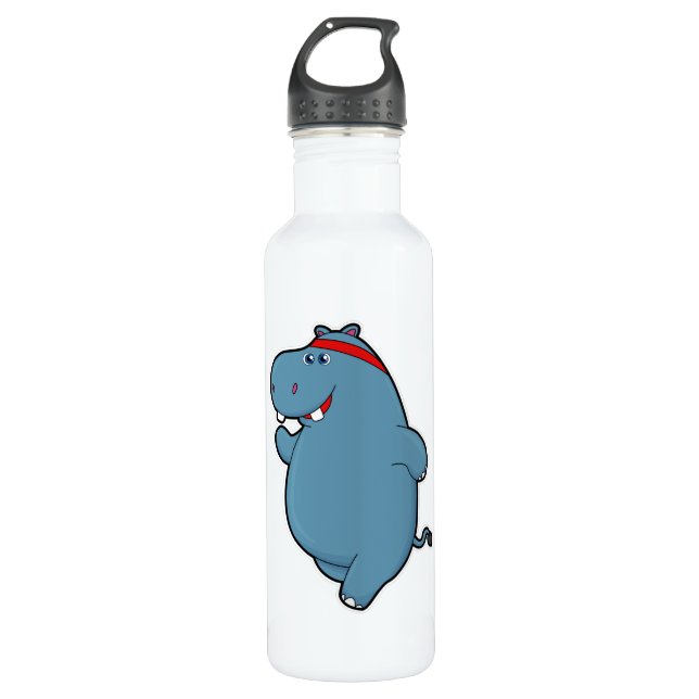 Hippo at Running with Headband Stainless Steel Water Bottle (Front)