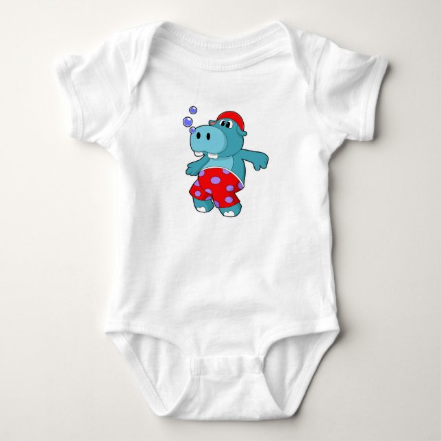 Hippo at Swimming with Swimming trunks Baby Bodysuit (Front)