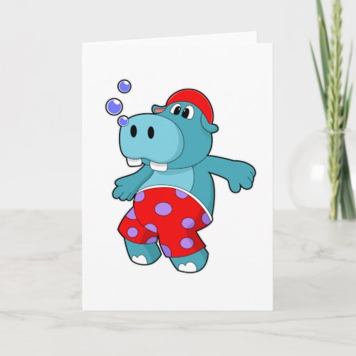 Hippo at Swimming with Swimming trunks Card