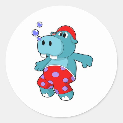 Hippo at Swimming with Swimming trunks Classic Round Sticker