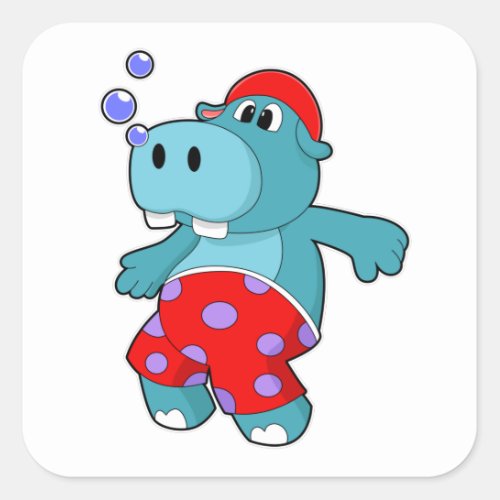 Hippo at Swimming with Swimming trunks Square Sticker