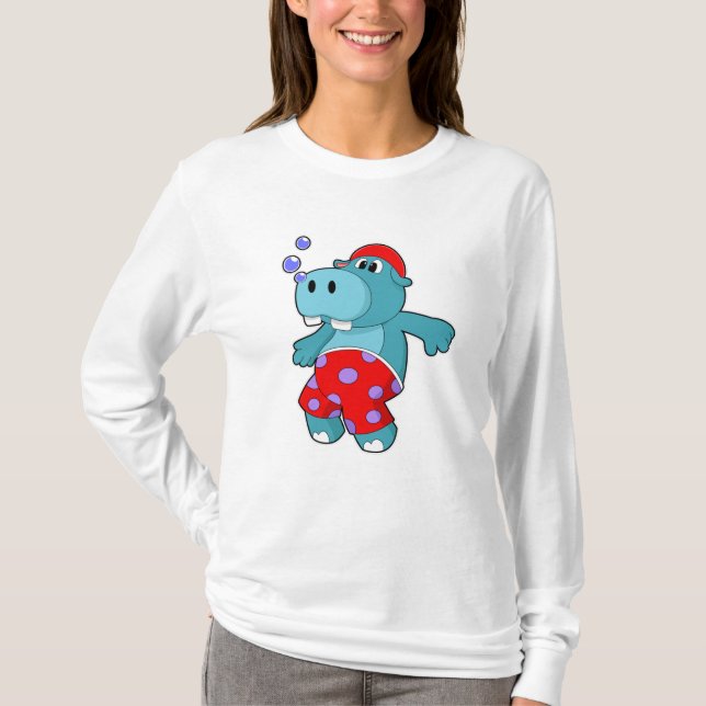 Hippo at Swimming with Swimming trunks T-Shirt (Front)