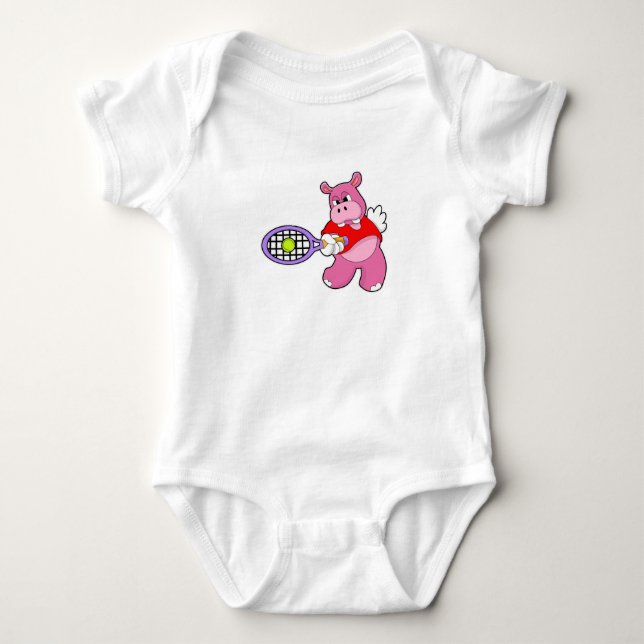 Hippo at Tennis with Tennis racket Baby Bodysuit (Front)