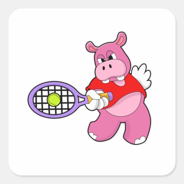 Hippo at Tennis with Tennis racket Square Sticker (Front)