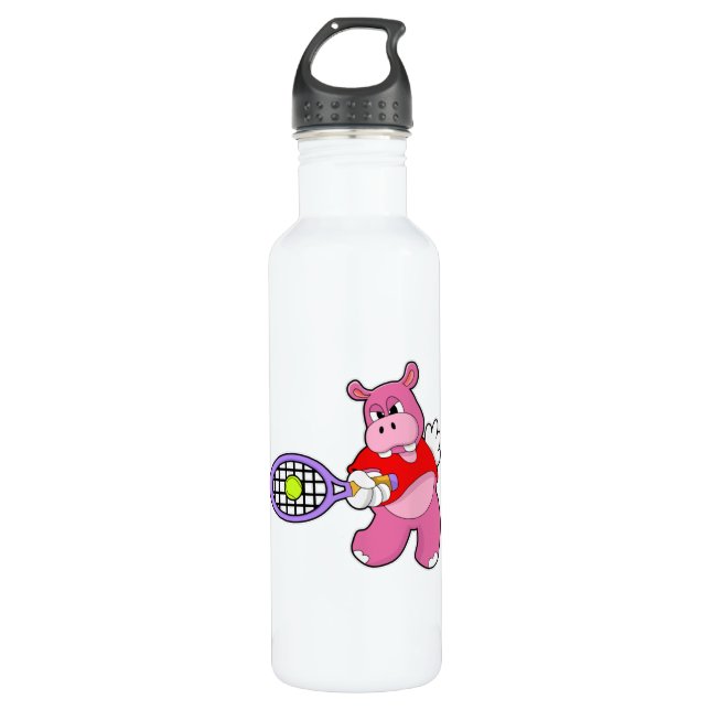 Hippo at Tennis with Tennis racket Stainless Steel Water Bottle (Front)