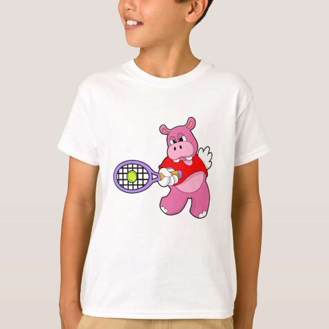 Hippo at Tennis with Tennis racket T-Shirt (Front)