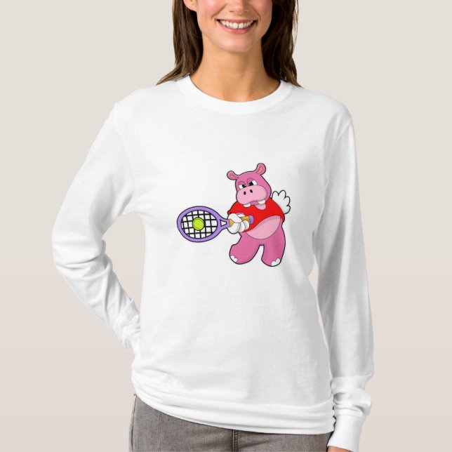 Hippo at Tennis with Tennis racket T-Shirt (Front)
