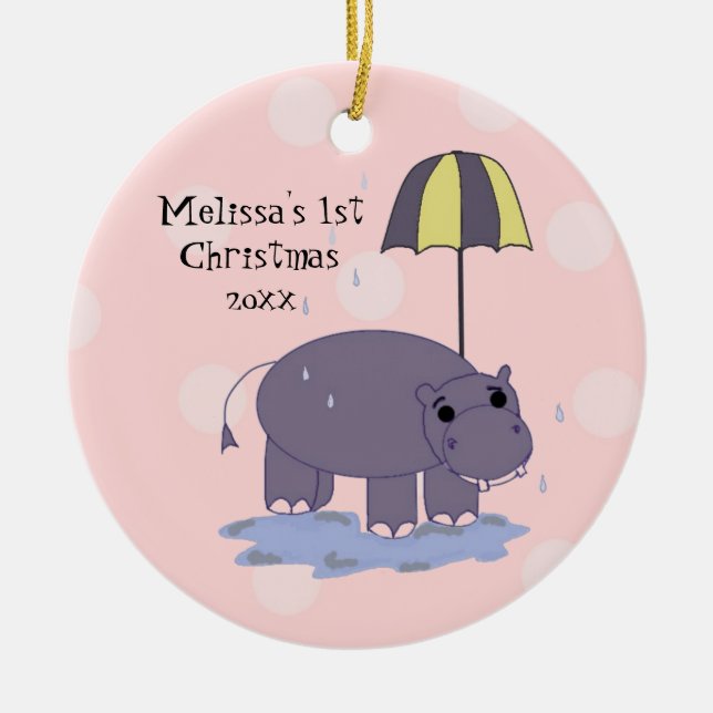 Hippo Baby First Christmas Ceramic Ornament (Front)