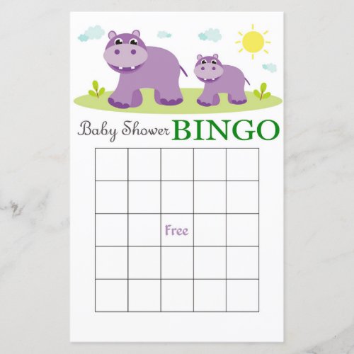 Hippo baby shower bingo card
