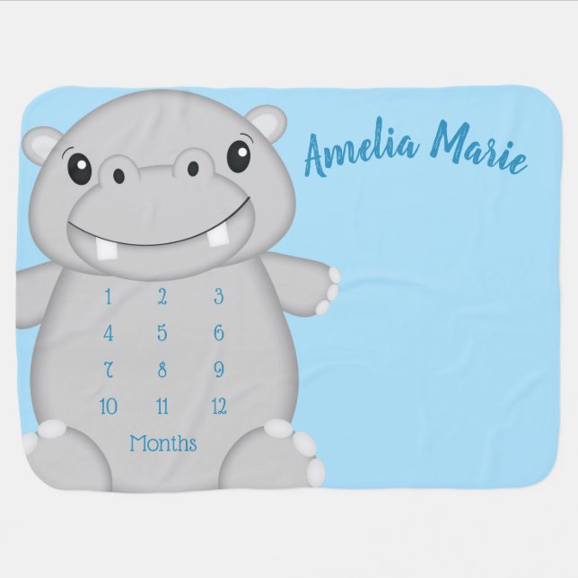Hippo Baby Shower Blue Baby Blanket (Horizontal)