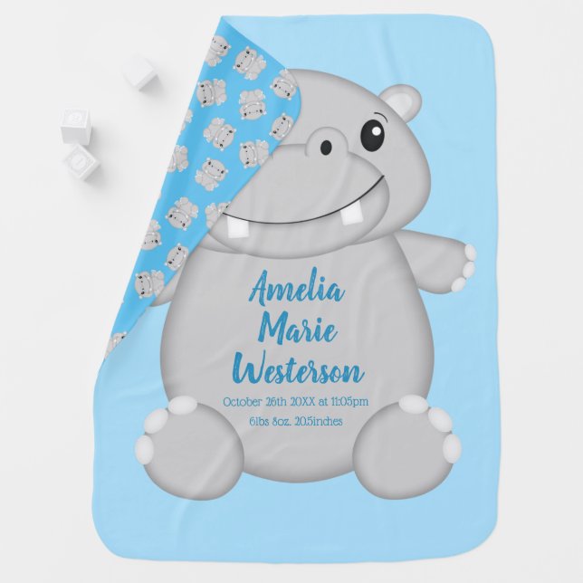 Hippo Baby Shower Blue Blanket (In Situ)