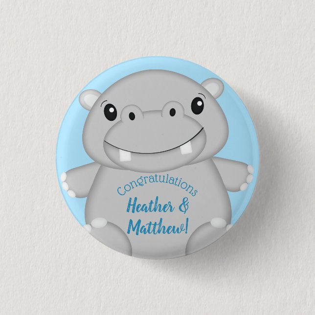 Hippo Baby Shower Blue Button (Front)
