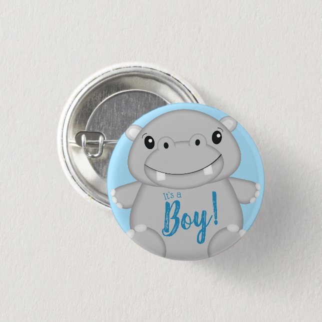 Hippo Baby Shower Blue Button (Front & Back)