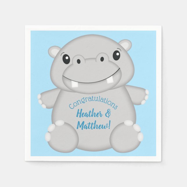 Hippo Baby Shower Blue Napkins (Front)