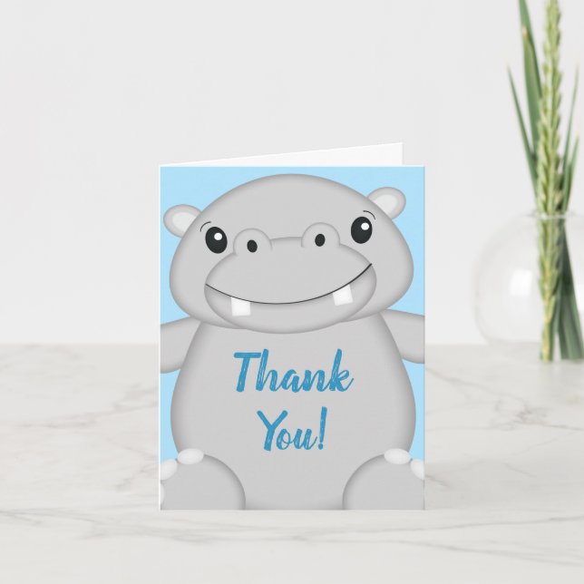 Hippo Baby Shower Blue Thank You Card (Front)