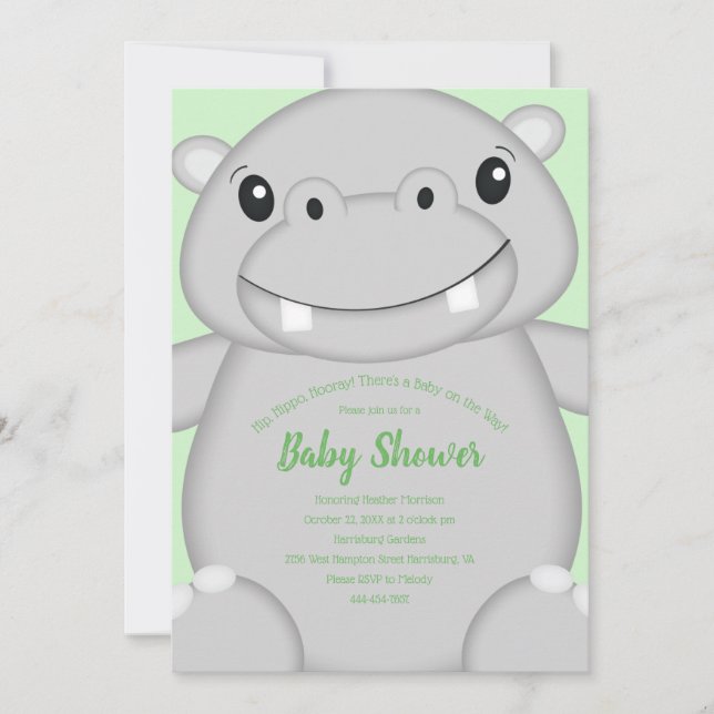 Hippo Baby Shower Green Invitation (Front)