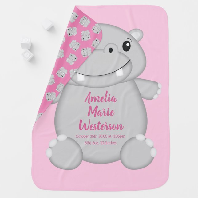Hippo Baby Shower Pink Baby Blanket (In Situ)