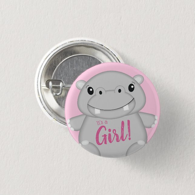 Hippo Baby Shower Pink Button (Front & Back)